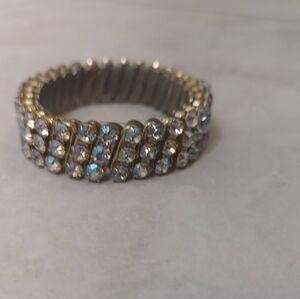 50s Vintage Style Rhinestone Expandable 3-tier Accordion Antique Gold Bracelet
